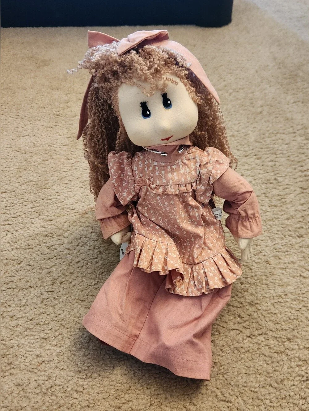 Made In Thailand 100% Cotton Doll Curly Brown Hair Pink Dress Bow Blue Eyes 15